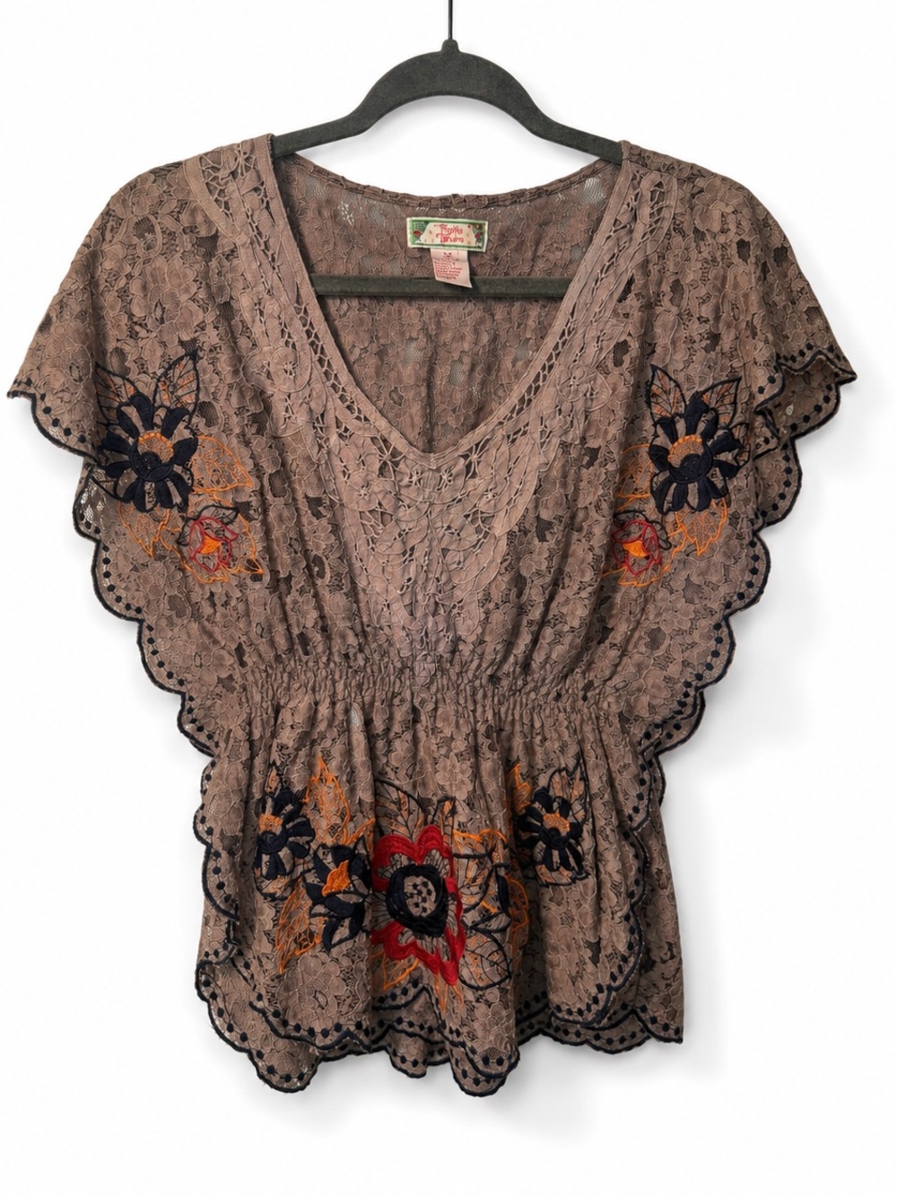 Bohemian Lace Embroidered Peplum Flutter Sleeve Top | Taupe Lace | Boho